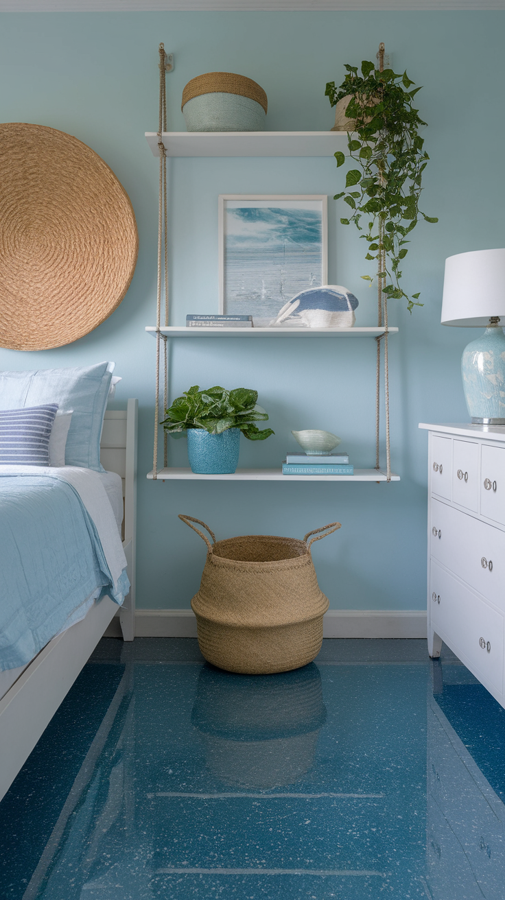 Cozy bedroom with ocean blue epoxy flake floor, light blue walls, and natural decor.