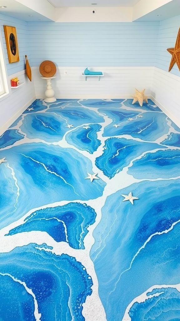 A room featuring a blue epoxy floor design resembling ocean waves with starfish decorations.