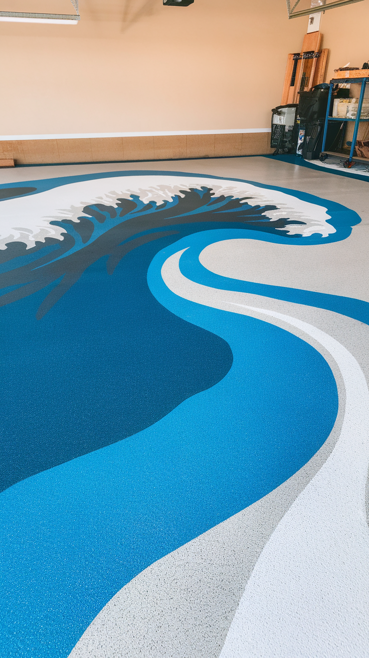 A beautifully designed epoxy floor featuring an ocean wave effect in shades of blue and white.