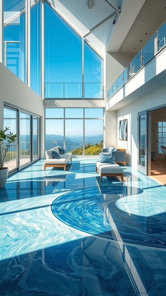 A modern living room with an ocean wave epoxy floor design, featuring large windows that showcase a stunning view of the landscape.