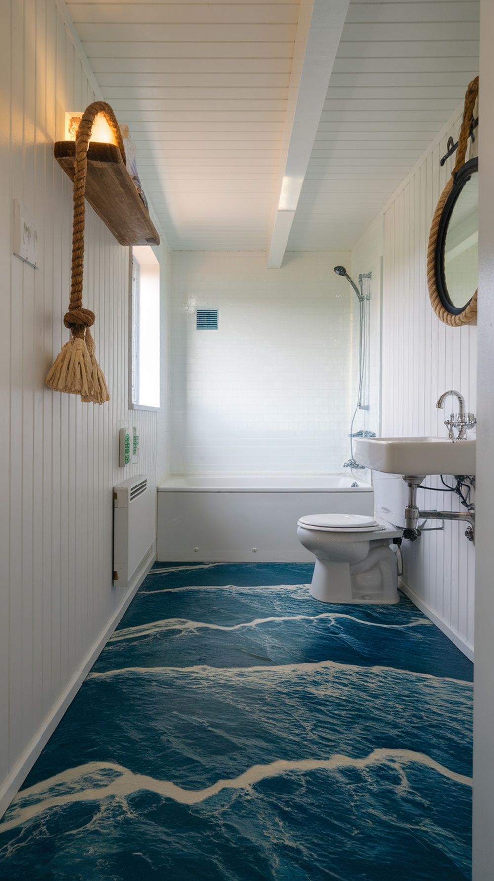 A bathroom with ocean wave epoxy flooring, featuring a white sink and toilet, and wooden accents.