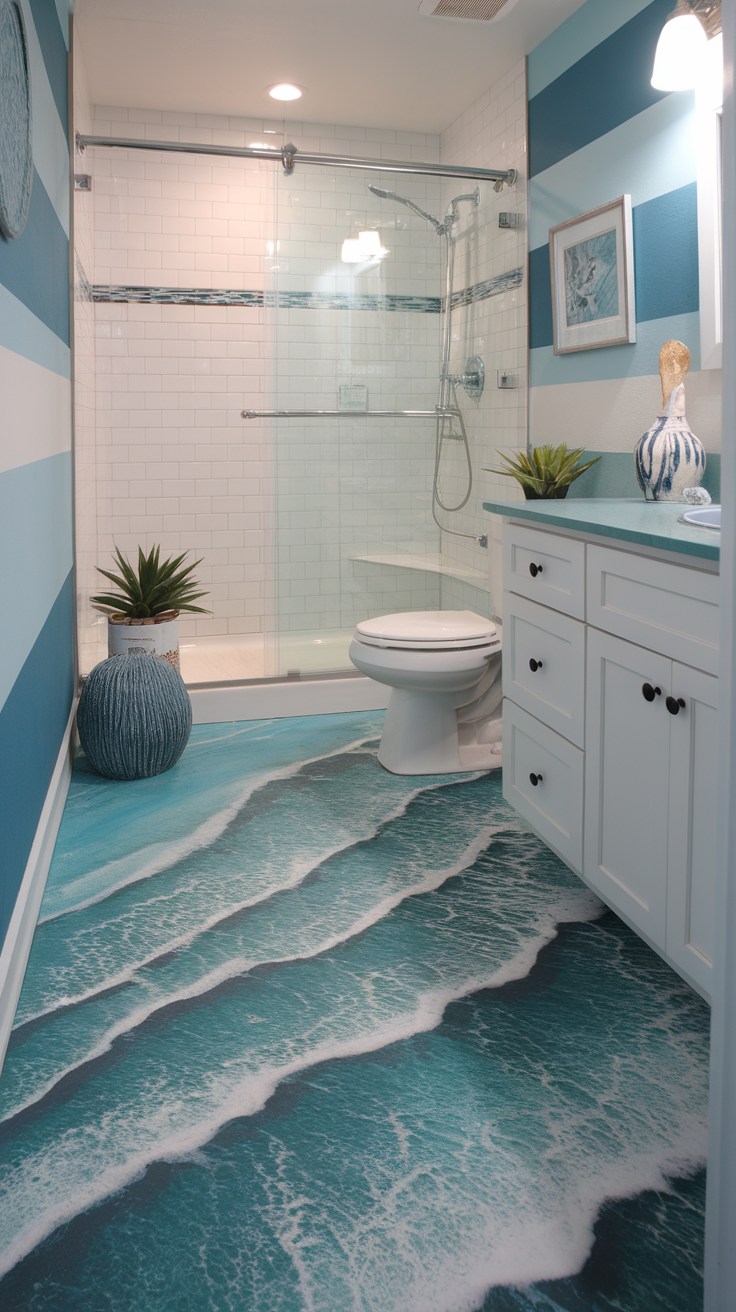 A bathroom featuring an ocean wave epoxy floor design with blue colors and wave patterns.