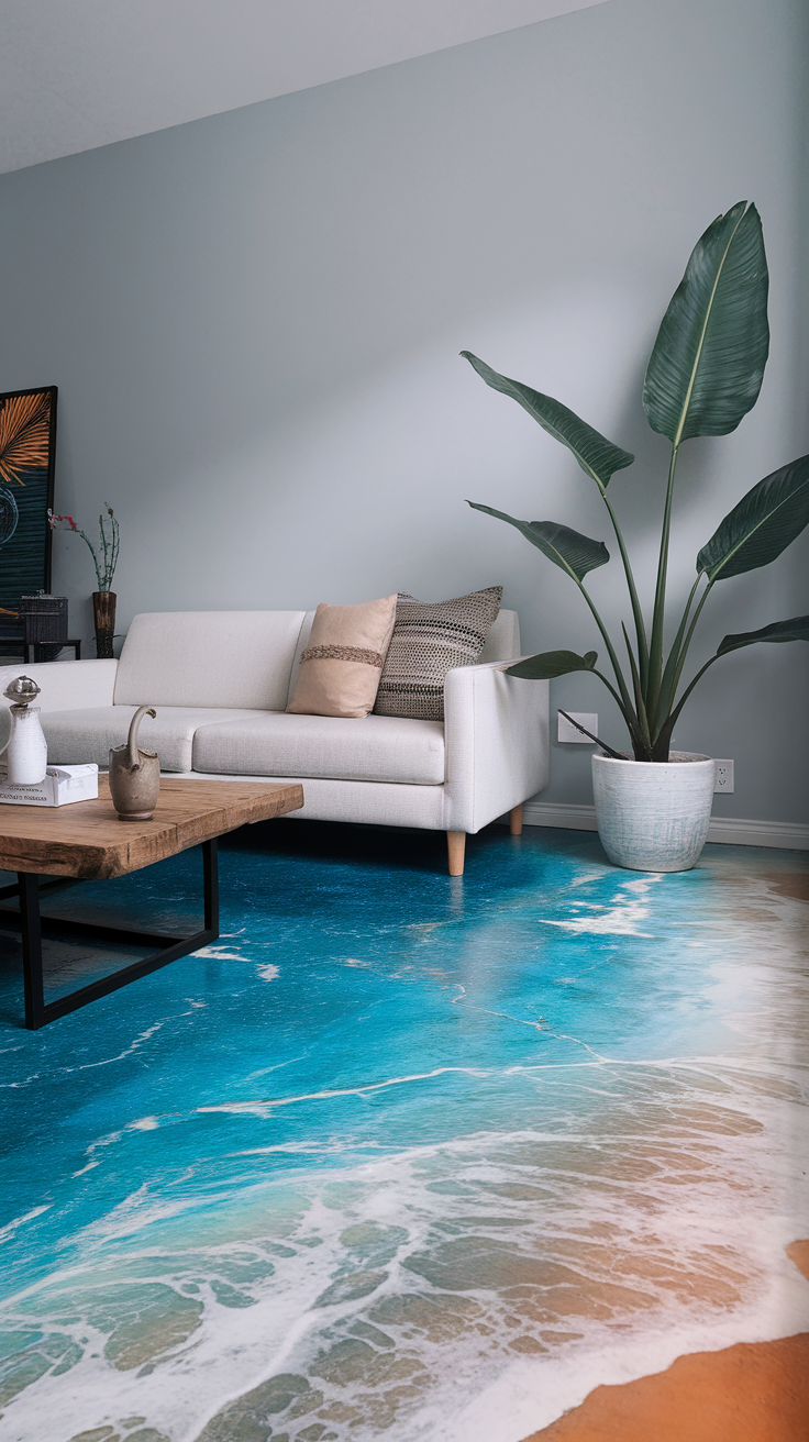 Room featuring an ocean wave epoxy floor with a white couch and green plant.