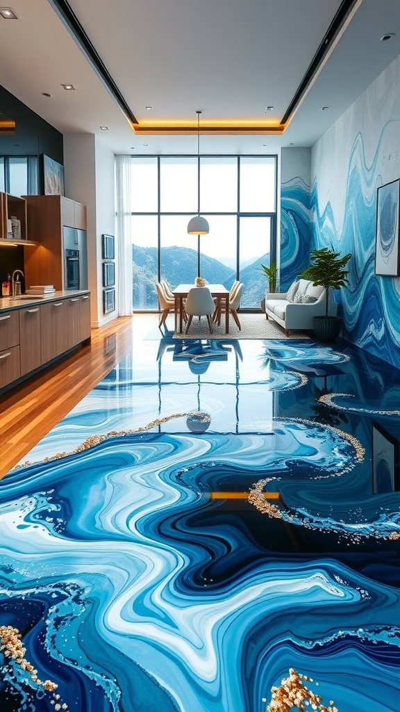A modern living space featuring an ocean wave epoxy floor, showcasing deep blue and white swirls, with bright natural light streaming in from large windows.