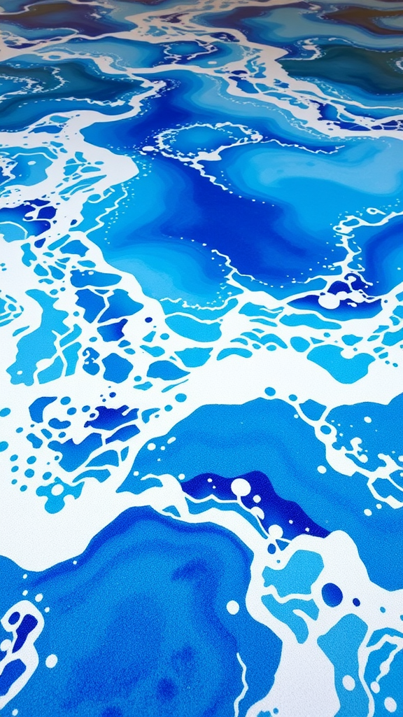 An artistic representation of ocean waves in various shades of blue with white foam.