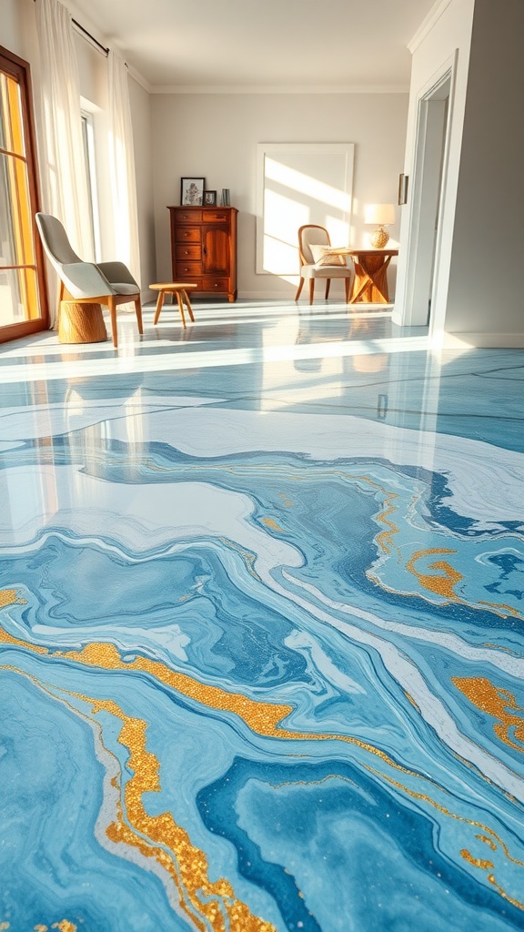 A beautifully designed epoxy floor with blue waves and gold accents, mimicking an ocean scene.