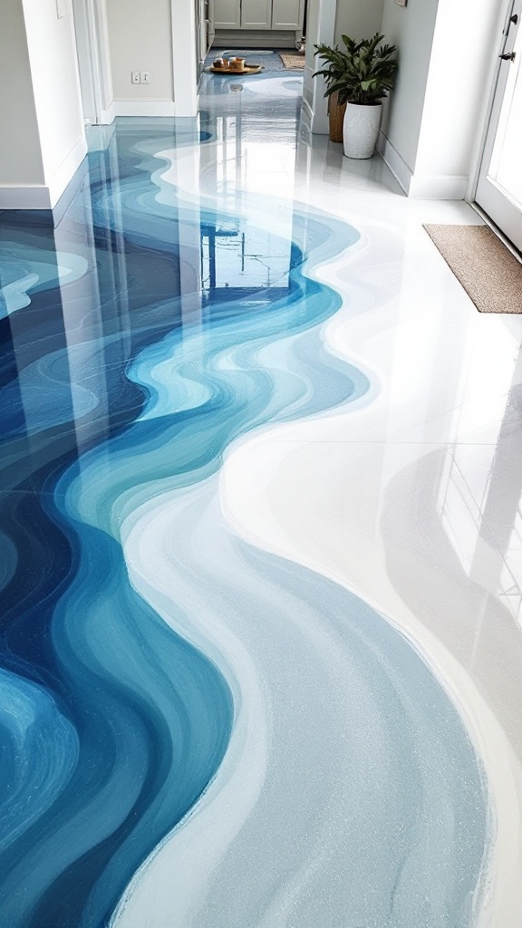 Epoxy floor design resembling ocean waves with shades of blue and white.