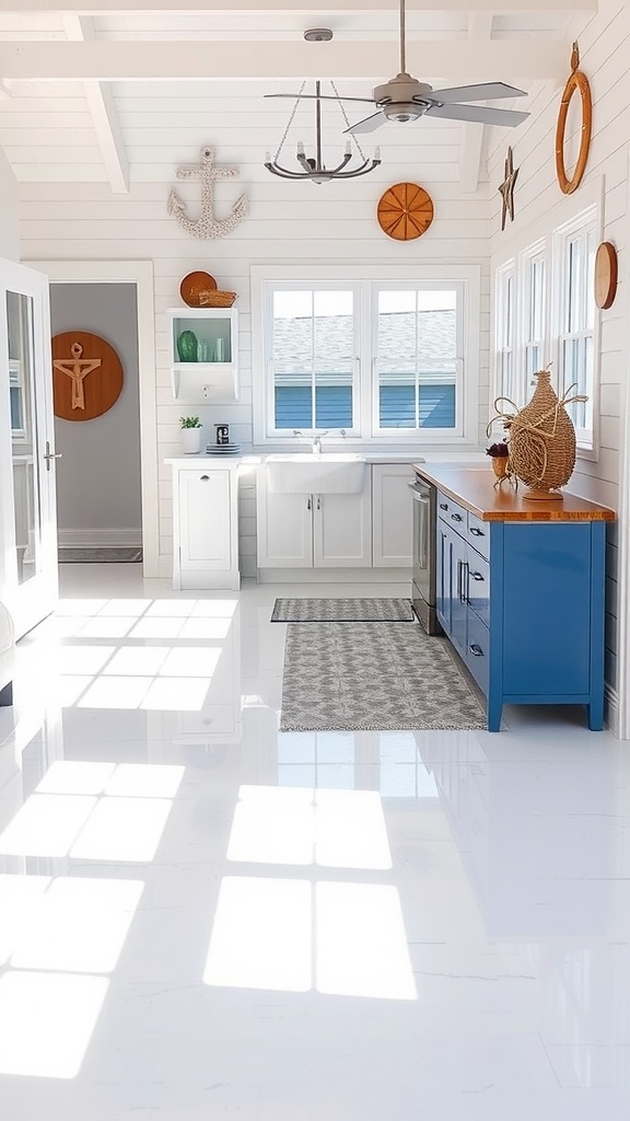 A beautifully designed epoxy floor with an ocean wave motif, showcasing blue and white swirls in a modern kitchen.