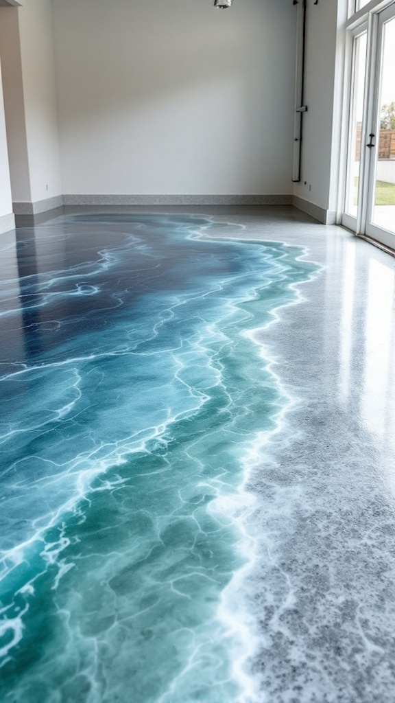 Epoxy floor with ocean wave patterns in a modern garage