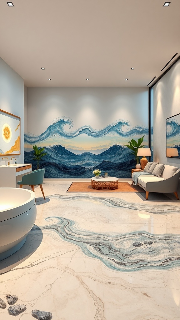 Living room with ocean wave resin floor and wave mural on the wall