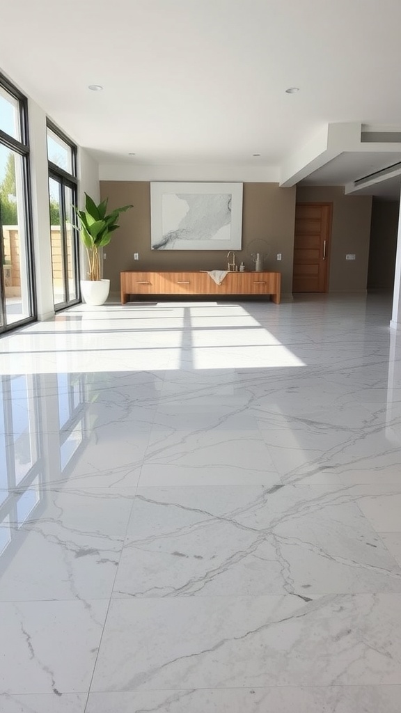 An epoxy floor designed to resemble ocean waves, featuring sandy shore patterns and seashells, inside a modern home.