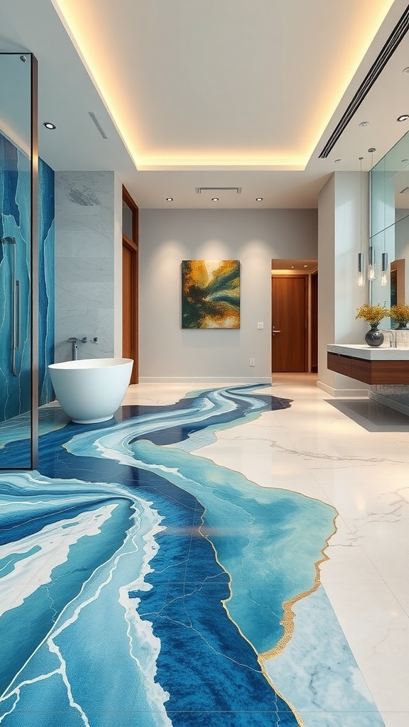 Ocean wave themed epoxy flooring in a modern bathroom