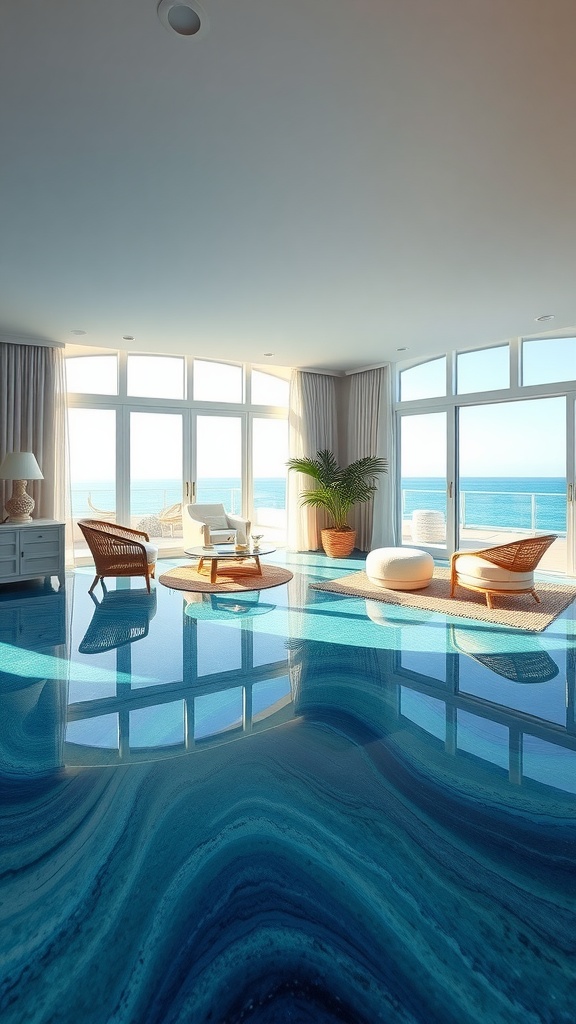 Interior space featuring ocean waves inspired epoxy flooring with shades of blue and white.