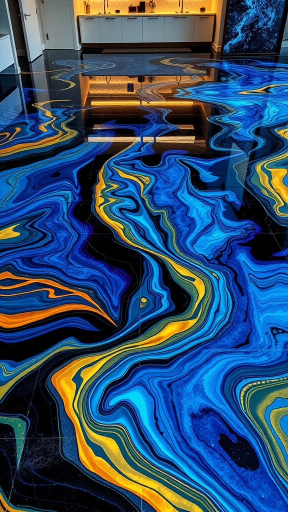 Epoxy floor design featuring ocean waves theme in blue and yellow colors