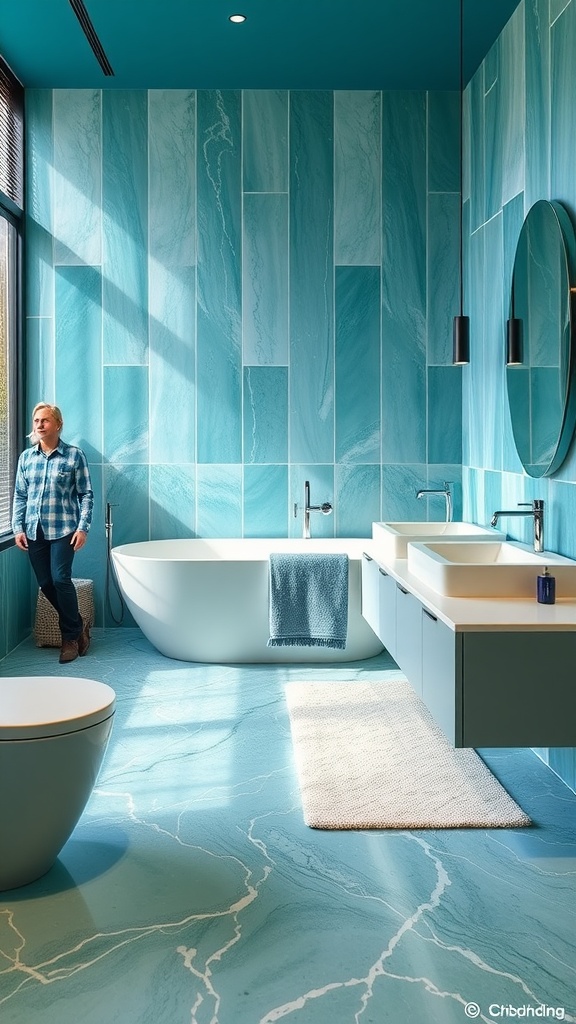 Bathroom with ocean-inspired epoxy floor design featuring aqua and sandy tones.