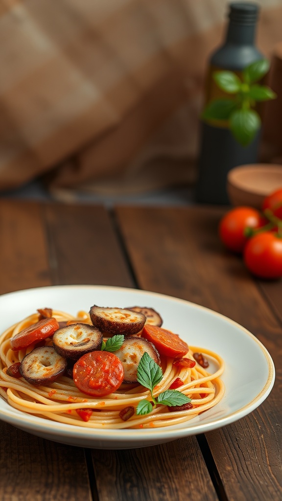 A plate of octopus and chorizo pasta garnished with parsley.