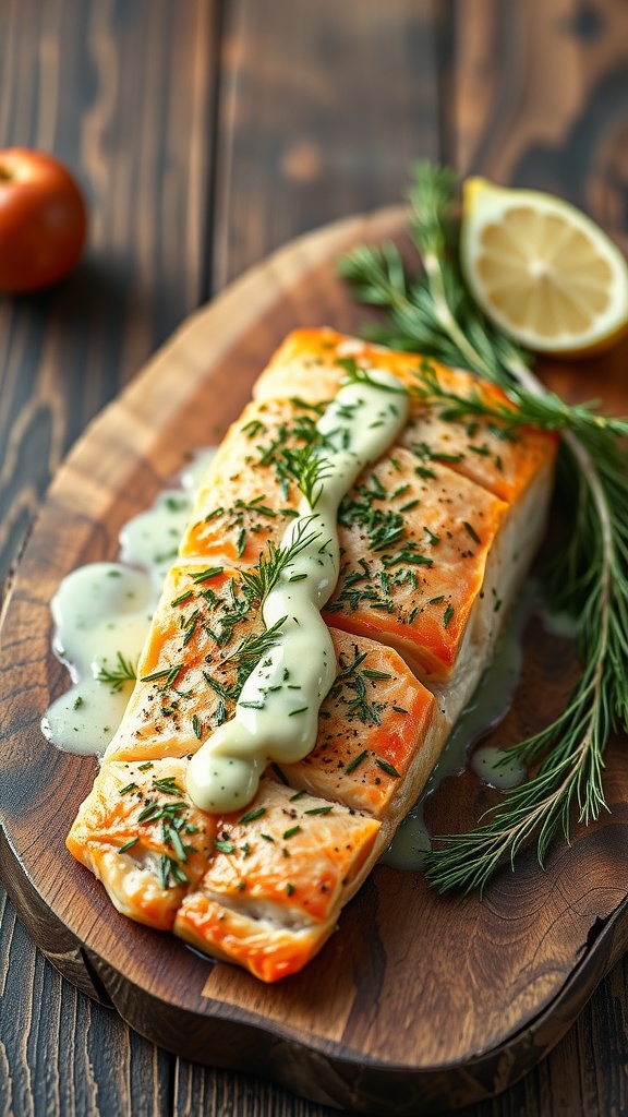 A delicious serving of baked salmon with dill sauce on a wooden plate