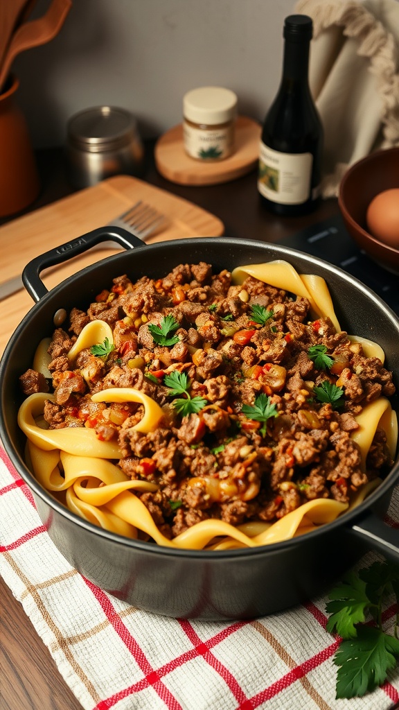 A delicious one-pan beef and noodle bake with ground beef, noodles, and vegetables, garnished with fresh parsley.