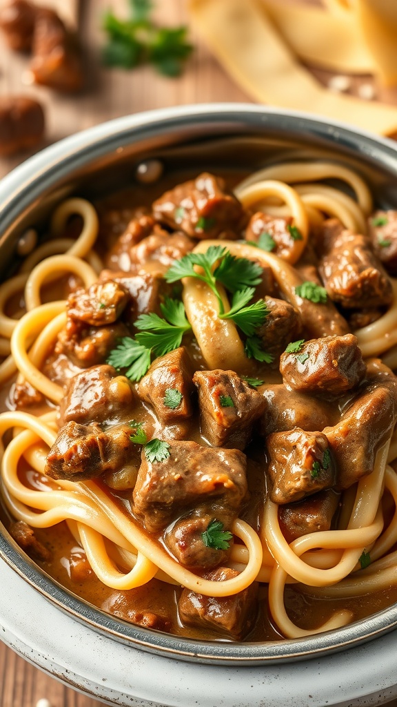 A bowl of creamy beef stroganoff with noodles and garnished with parsley.