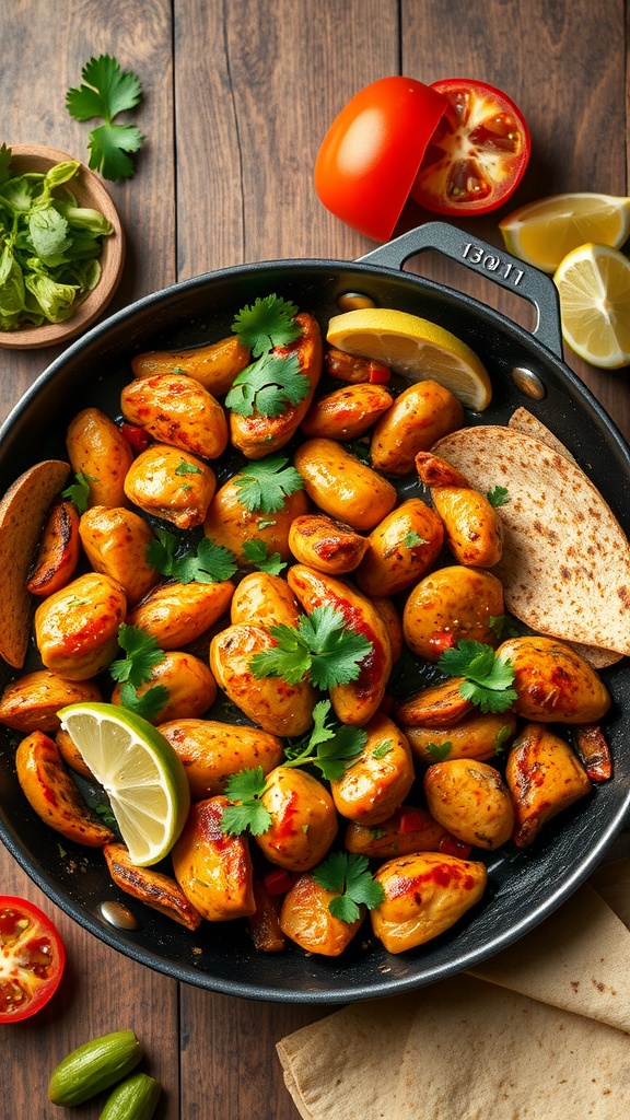 A vibrant one-pan chicken fajitas dish with colorful peppers and fresh herbs on a wooden table.