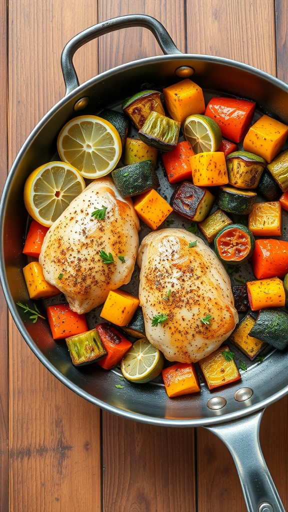 A pan of lemon garlic chicken with colorful vegetables.