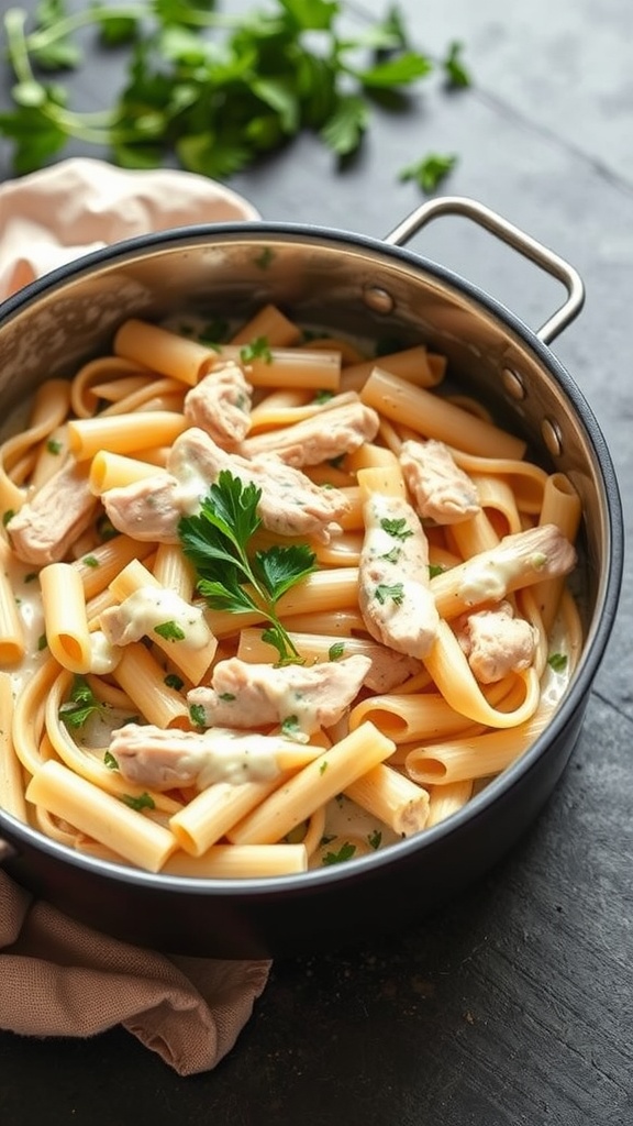 A delicious one-pot chicken alfredo pasta dish with creamy sauce and garnished with parsley.