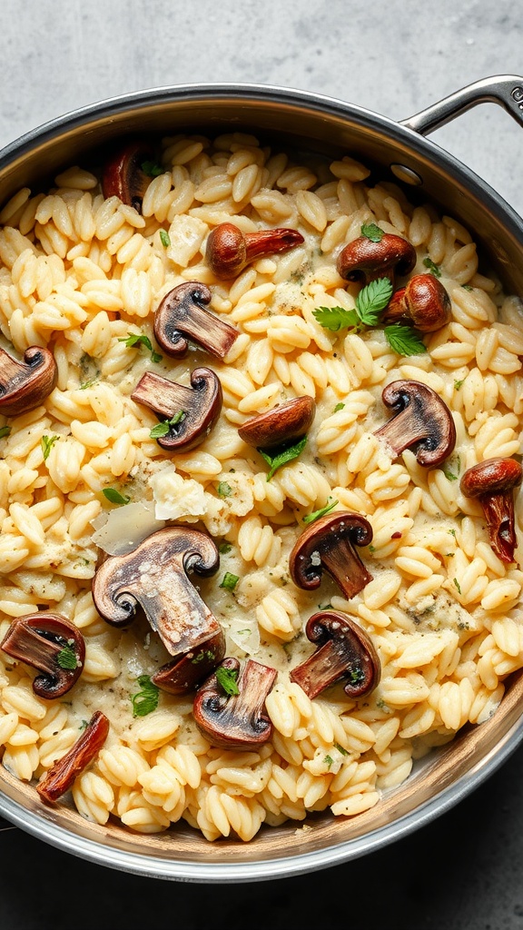 A delicious creamy mushroom risotto in a pot, garnished with fresh parsley.
