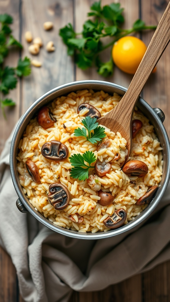 A creamy mushroom risotto in a pot with a wooden spoon, garnished with parsley.