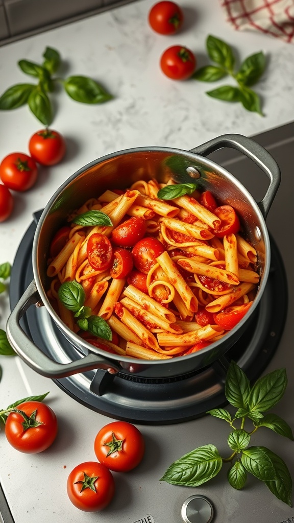A pot of tomato basil pasta with fresh tomatoes and basil leaves around it.