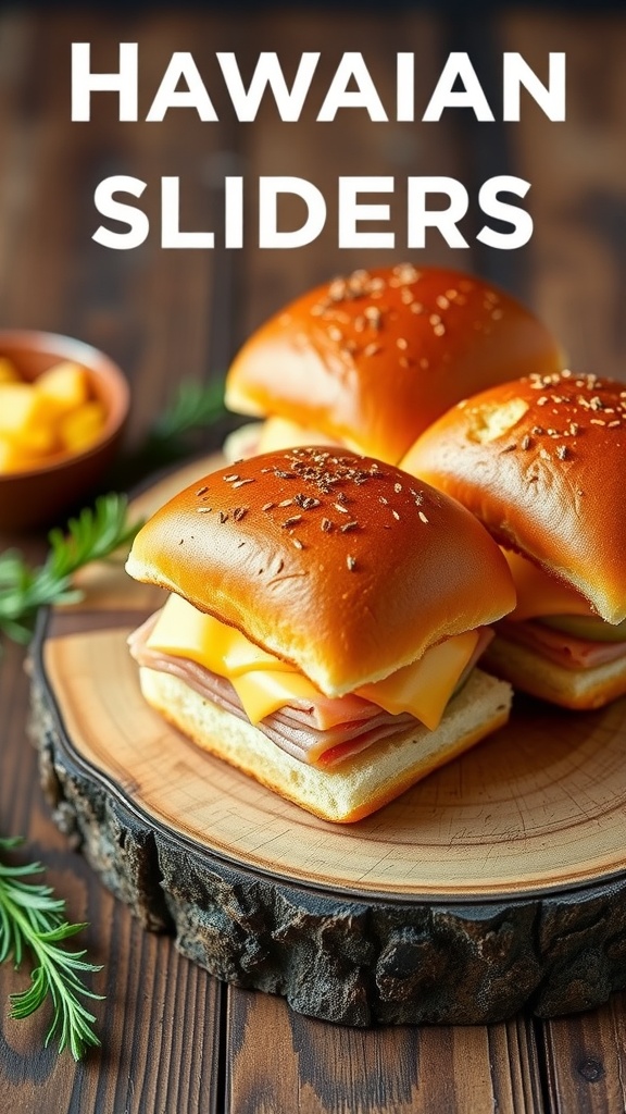 Open-faced Hawaiian sliders with ham and cheese on a wooden board