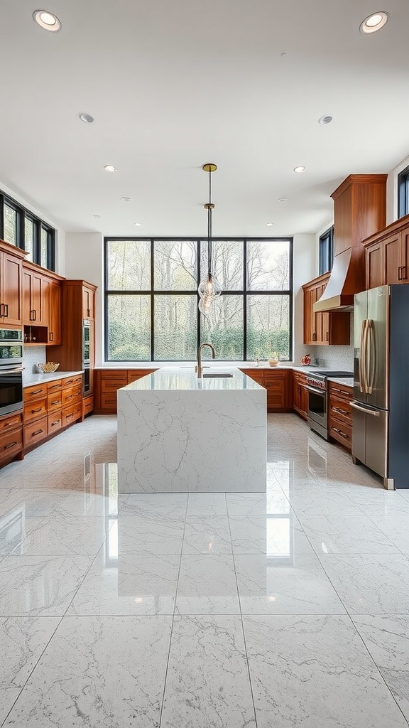 Open concept farmhouse kitchen with an artistic epoxy flooring design and a central kitchen island table.