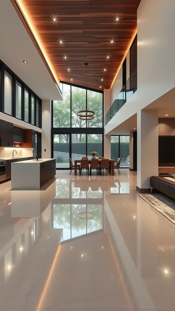 Modern open concept living space featuring polished epoxy floors and architectural lighting.