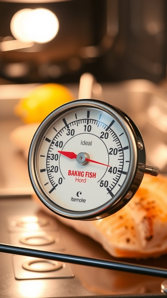 A thermometer indicating the optimal temperature for baking fish.