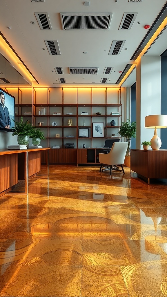 A luxurious interior with opulent gold metallic epoxy flooring, modern furniture, and warm lighting.