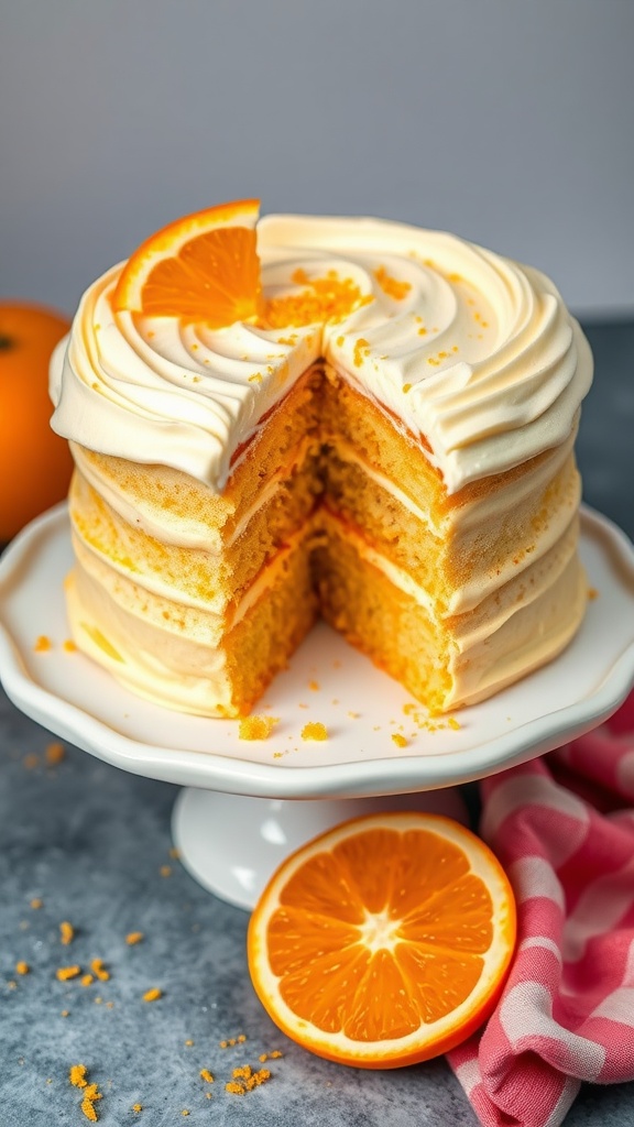 A beautifully layered orange creamsicle cake with frosting and an orange slice on top.
