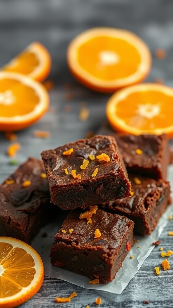 Delicious orange zest brownies arranged with fresh orange slices