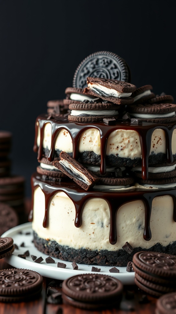 A luscious Oreo Cheesecake Cake with layers of chocolate cake and creamy cheesecake topped with chocolate ganache and Oreos.