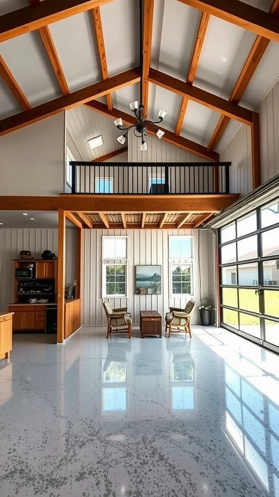 A well-lit indoor living space featuring high wooden beams and a polished epoxy floor