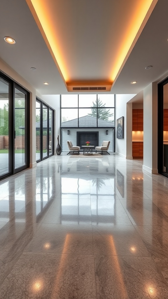 A modern indoor space with large glass doors and an epoxy floor, featuring warm architectural lighting.