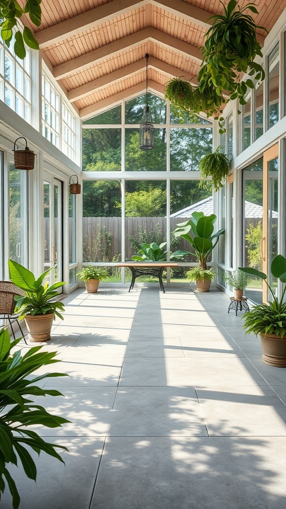 A bright sunroom with large windows, plants, and concrete flooring.