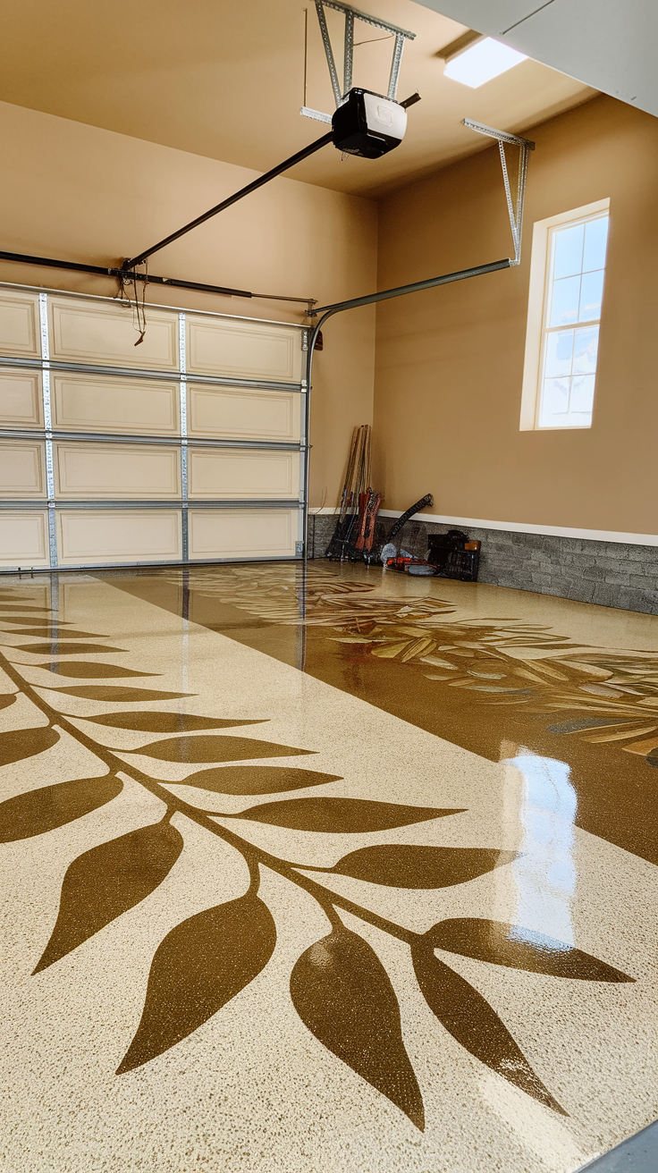 A garage with a decorative epoxy floor featuring a leaf pattern.