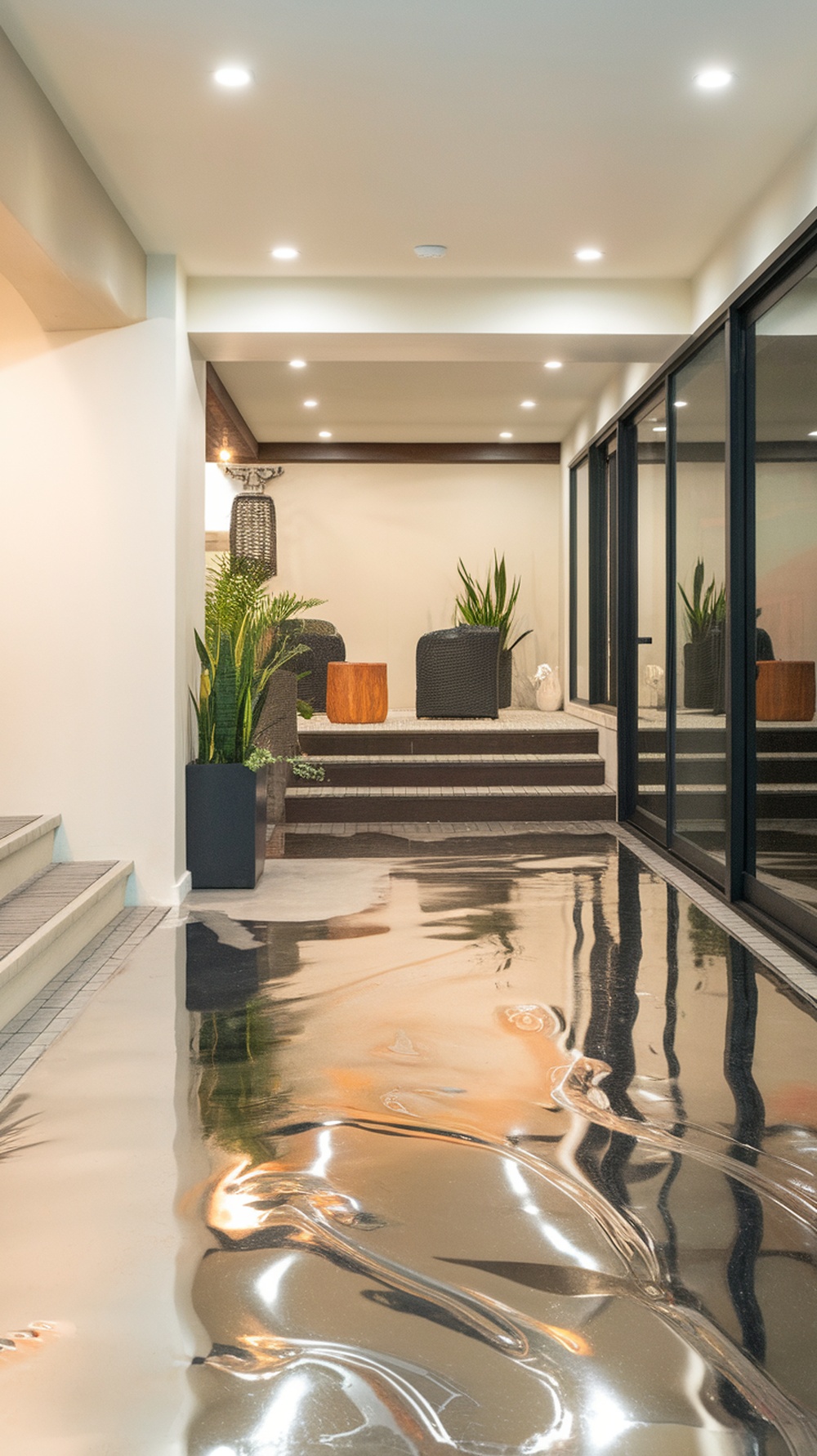 A modern indoor space featuring a shiny metallic epoxy floor, plants, and stylish furniture.