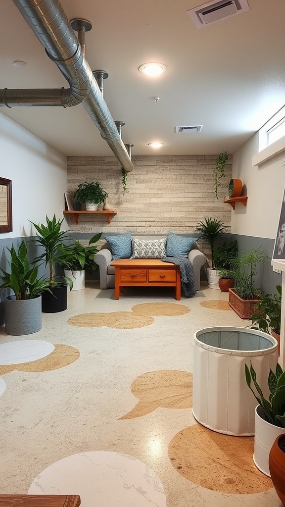 A stylish hallway with epoxy flooring resembling natural stone, featuring plants and a cozy chair.