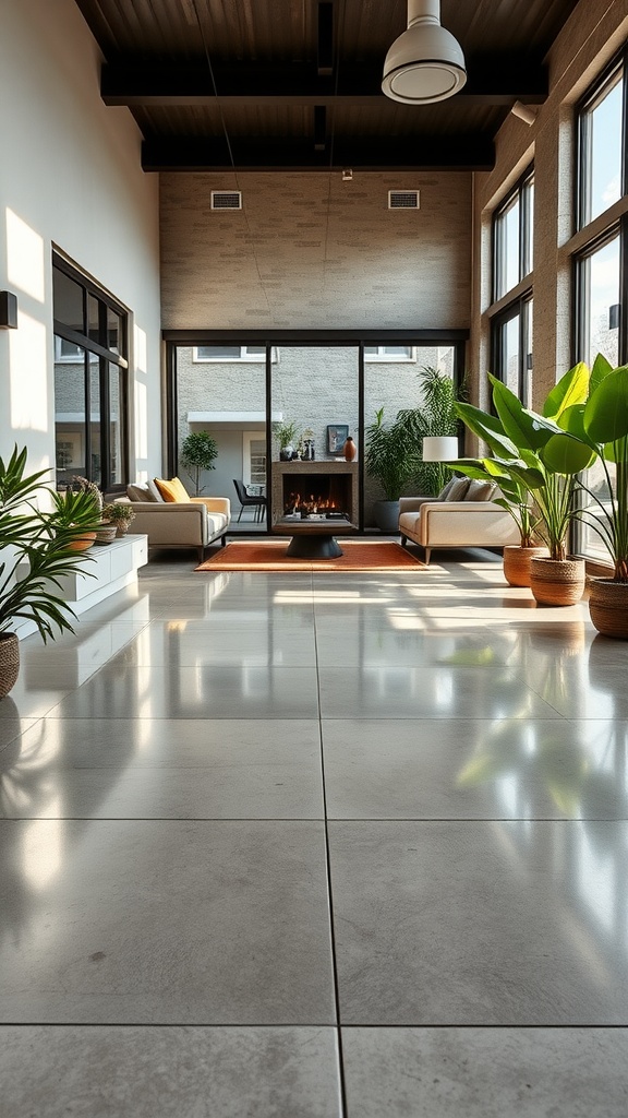 Indoor living space with polished concrete floor, large windows, and plants.