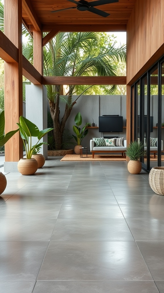 A stylish outdoor space featuring rustic cement flooring, surrounded by greenery and wooden structures.