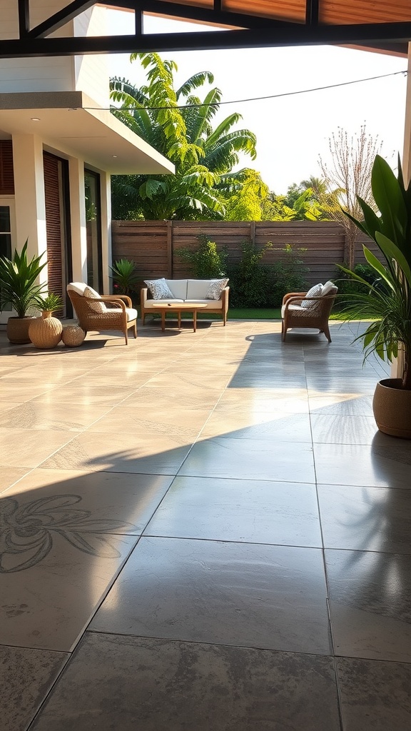 Outdoor concrete patio with stamped designs and seating area.