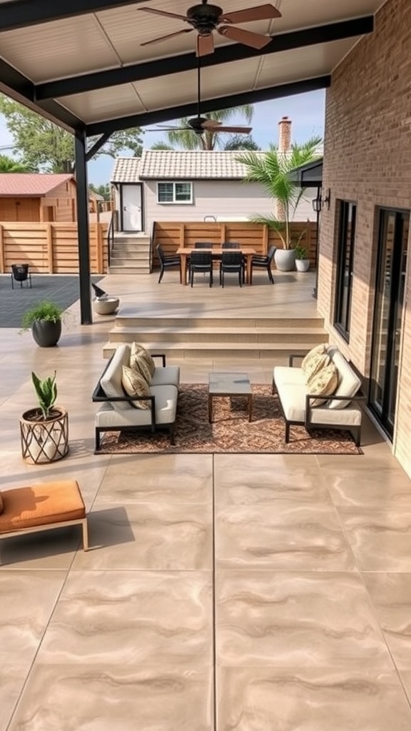 A modern outdoor patio featuring polished concrete floors, comfortable seating, and a dining area.