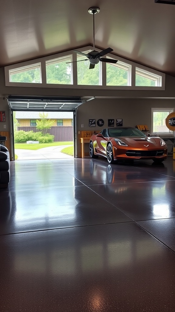 Stylish garage with large doors and transom windows, featuring a sleek dark epoxy floor and a car inside.