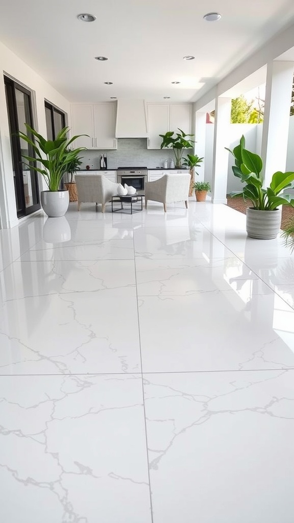 Outdoor area with a polished white and grey epoxy floor featuring minimalist decor and plants.