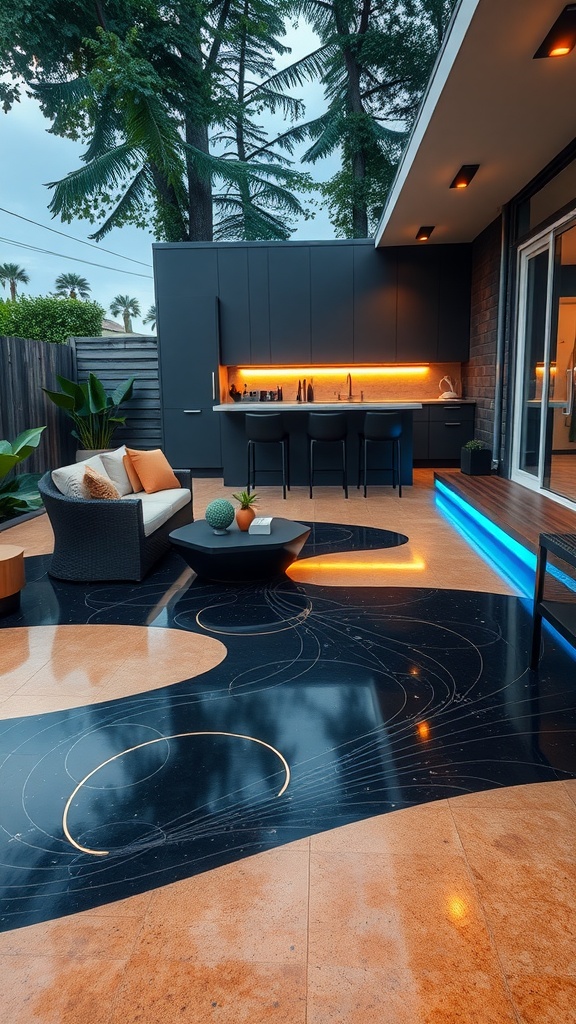 Stylish patio featuring a sleek epoxy floor with a modern design, combining colors and patterns.